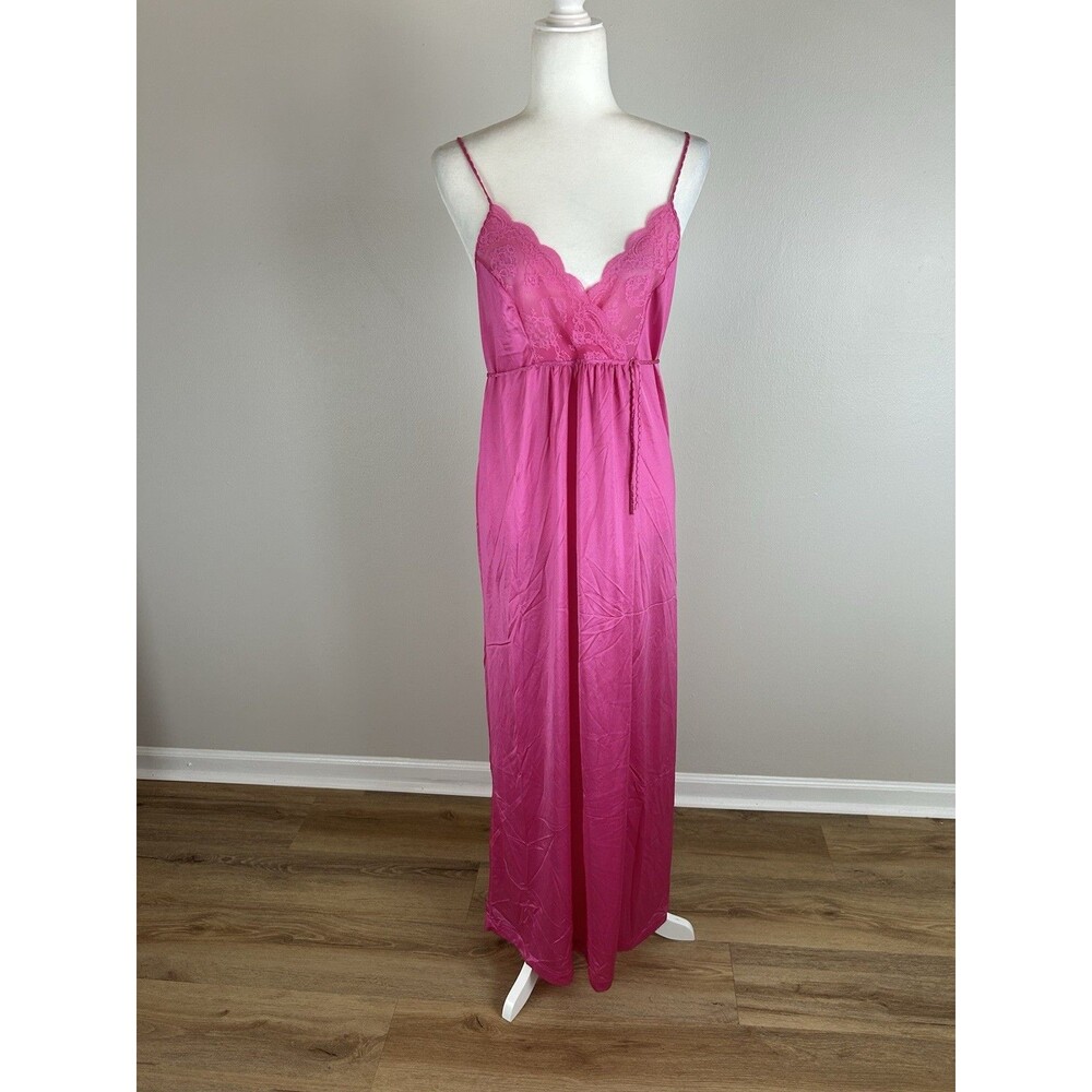 Vintage Pink Chemise Night Gown Corset Floral 70s Maxi Cottage Prairie Long Lace